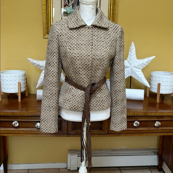 Loft Ann Taylor Tan Brown Tweed Wool Blend Cropped Jacket with Braided Belt Sz 8 - Picture 1 of 16